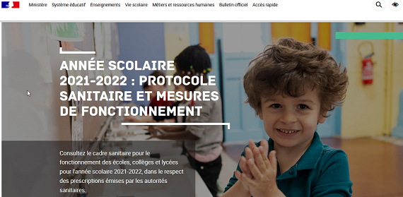 Image de la page d'accueil de l'article "Année scolaire 2021-2022 : Protocole sanitaire et mesures de fonctionnement" du site www.education.gouv.fr
